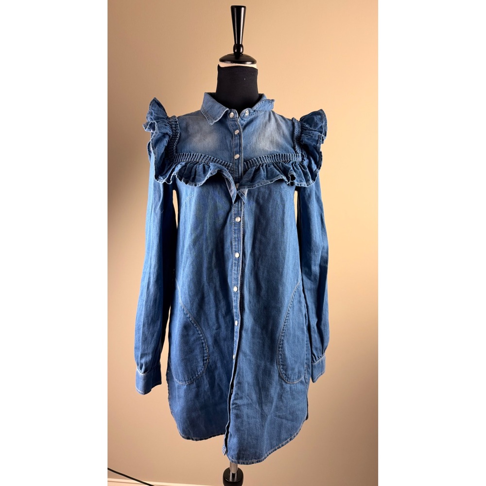 Pilcro Anthropologie Denim Ruffle‎ Snap Front Shirt Dress Medium Wash Blue Small